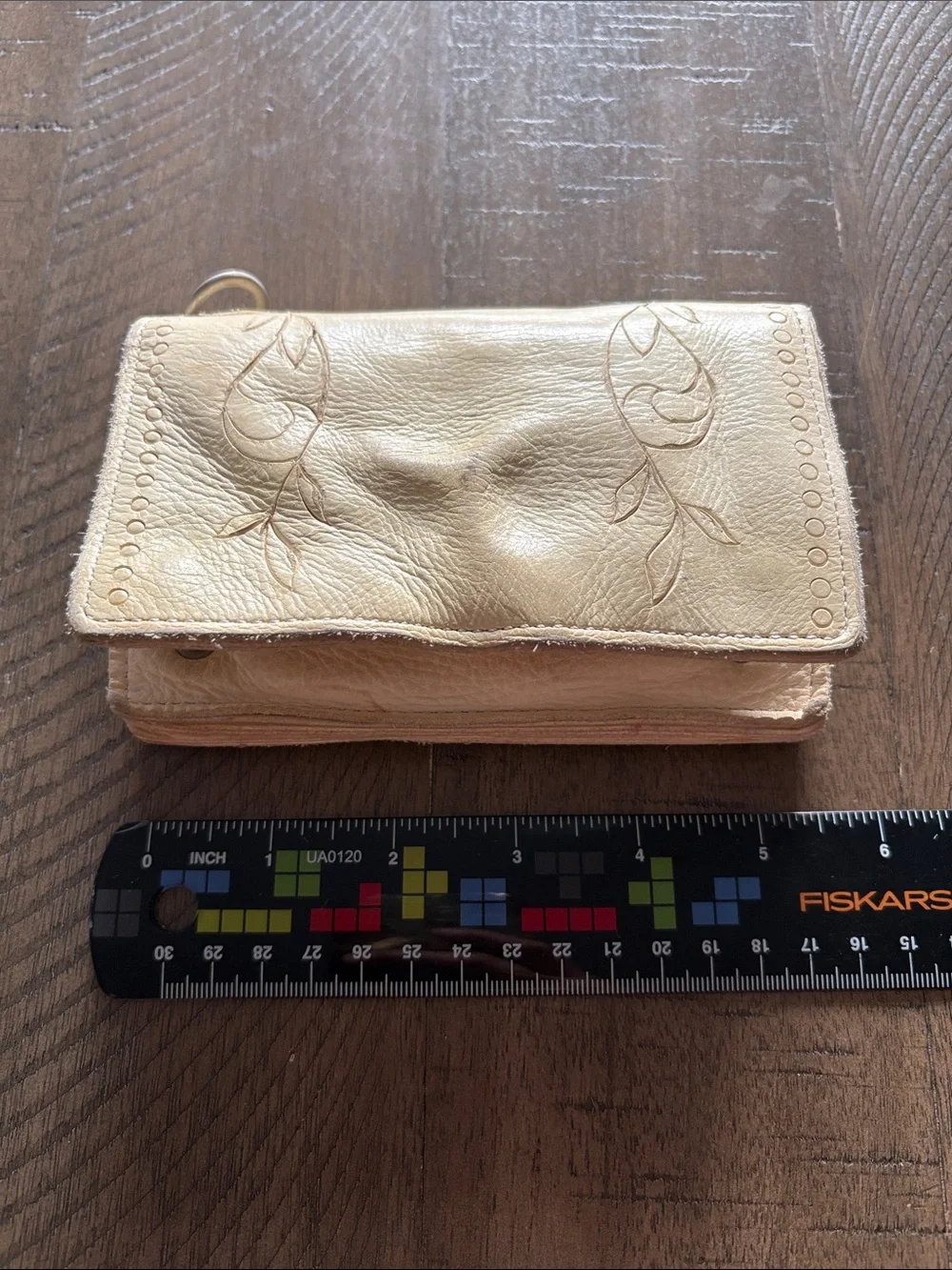 Hand-Tooled Leather Wallet Clutch in Light Beige
